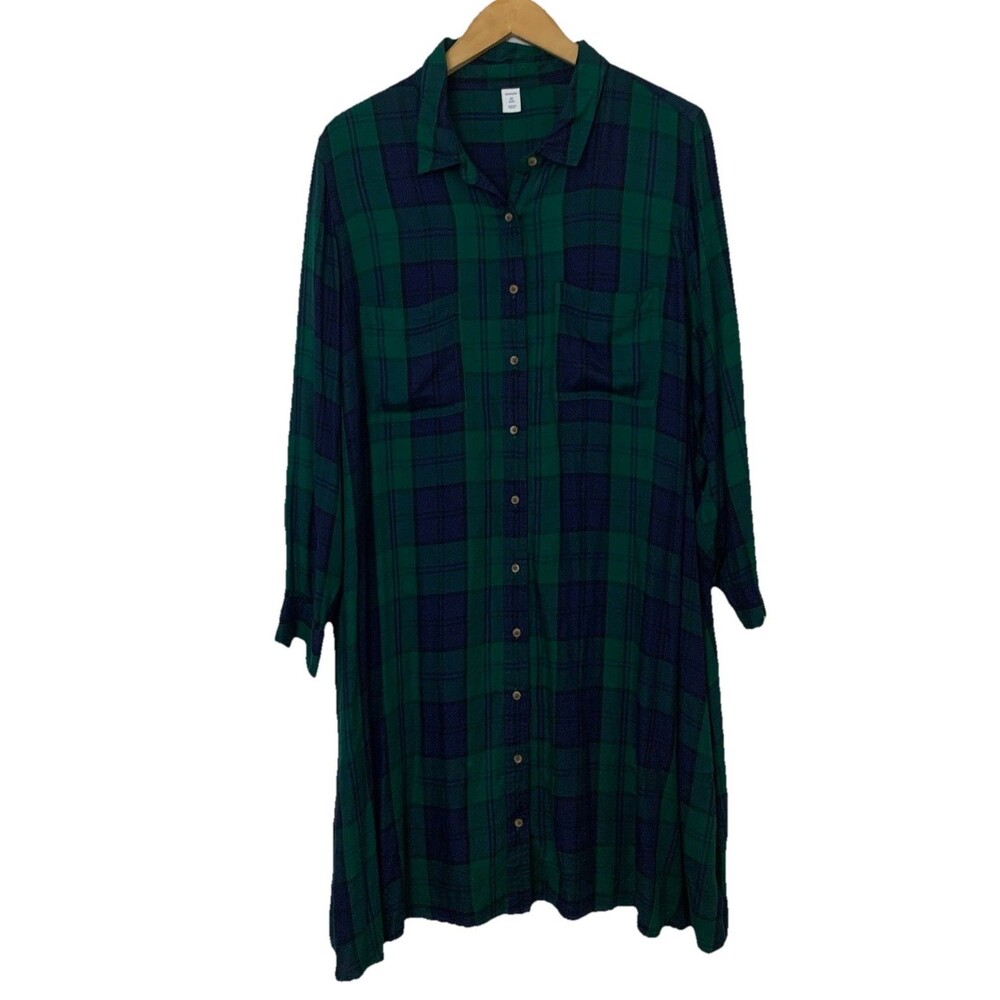 Old Navy Plaid Flannel Shirt Dress Green Navy Button Pockets Plus Size 2X